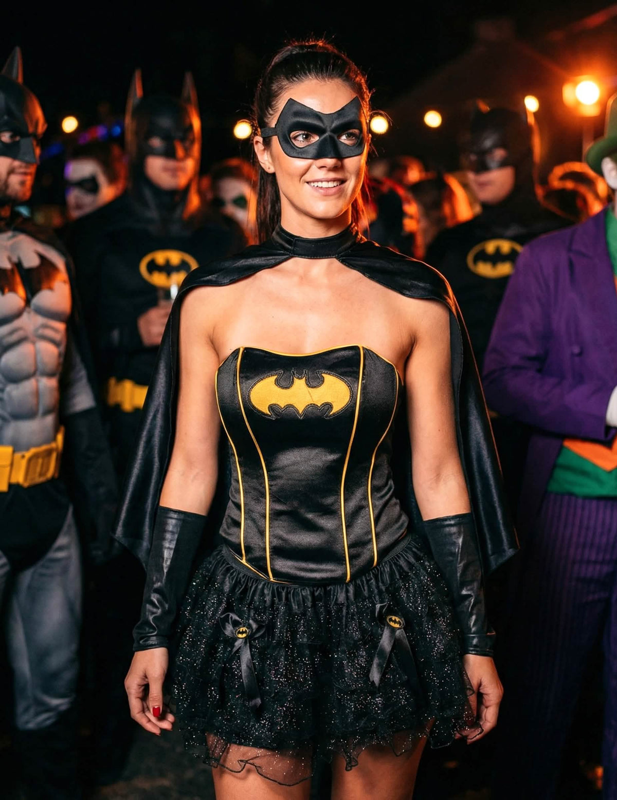 Scénická kompozice obklopená Batmanem v sexy kostýmu Batgirl™ pro ženu