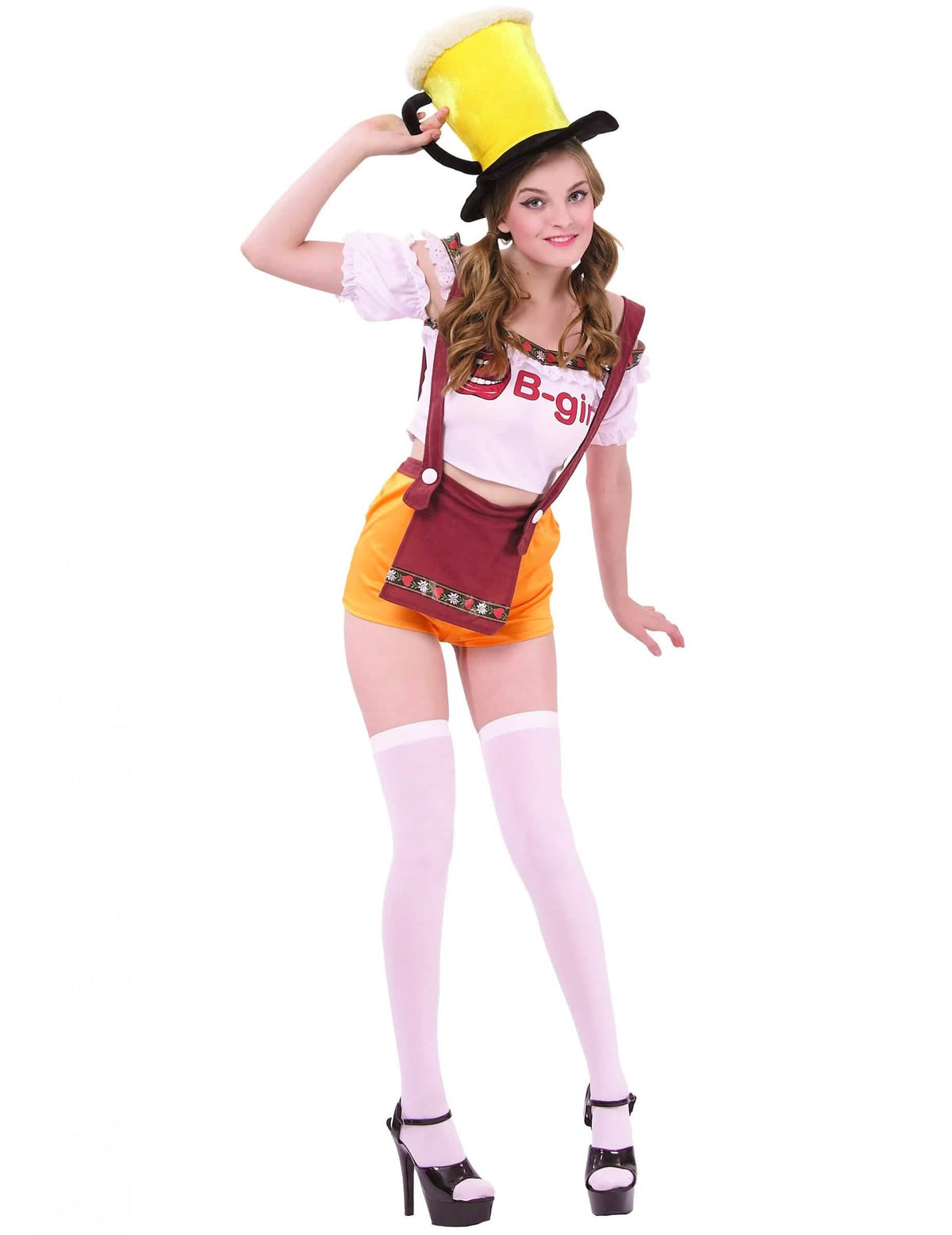 Bavorský krátký sexy kostým pro ženu bílá a oranžová s kloboukem a pivním půllitrem