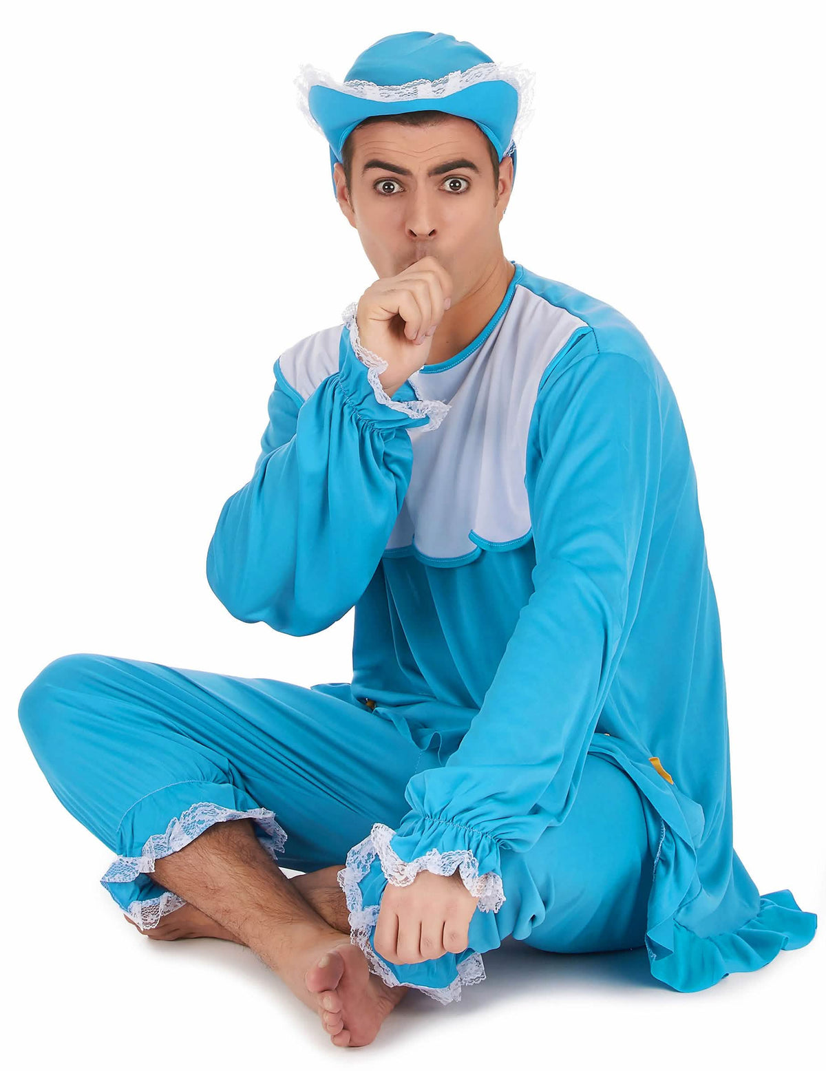 Přední pohled vsedě na modrá miminko kostým pro muž