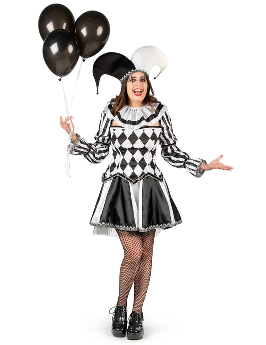 Déguisement de bouffon diabolique pour femme noir et blanc luxe