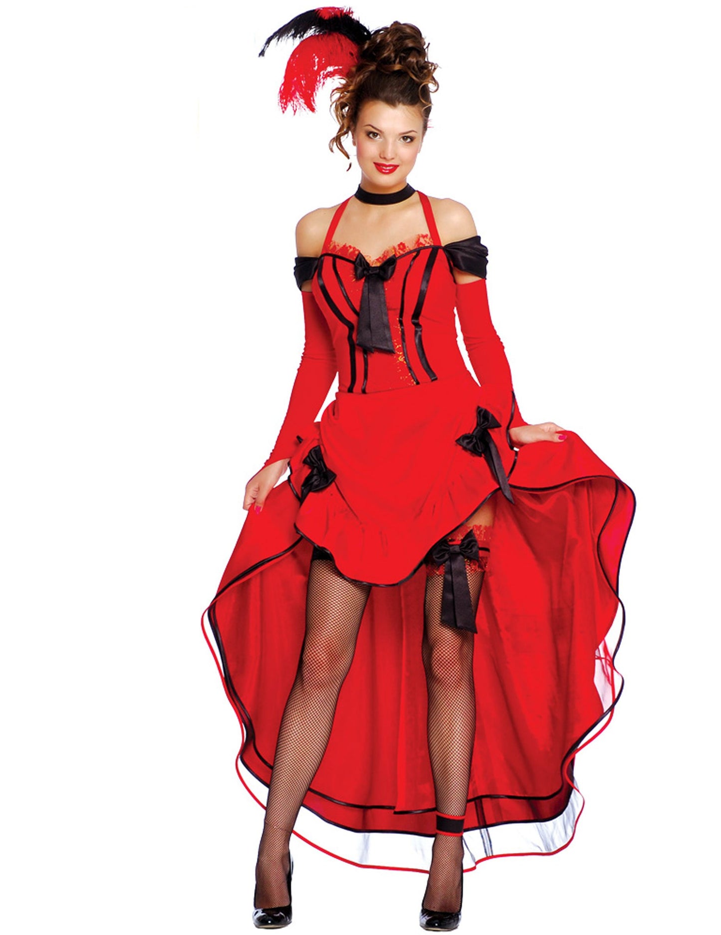 Dámský kostým červeného kankánu s černými mašlemi