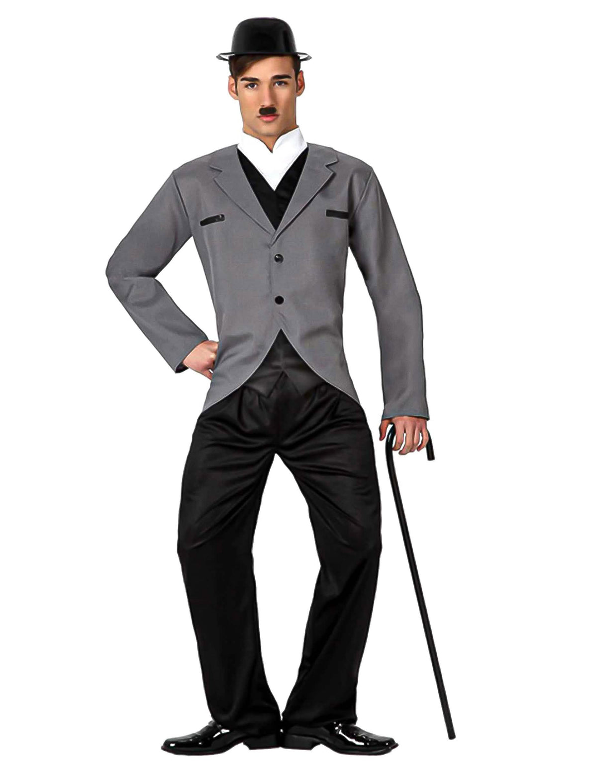 Kostým Charlie Chaplin tanečníka z ulice pro muže šedá a černá s buřinkou