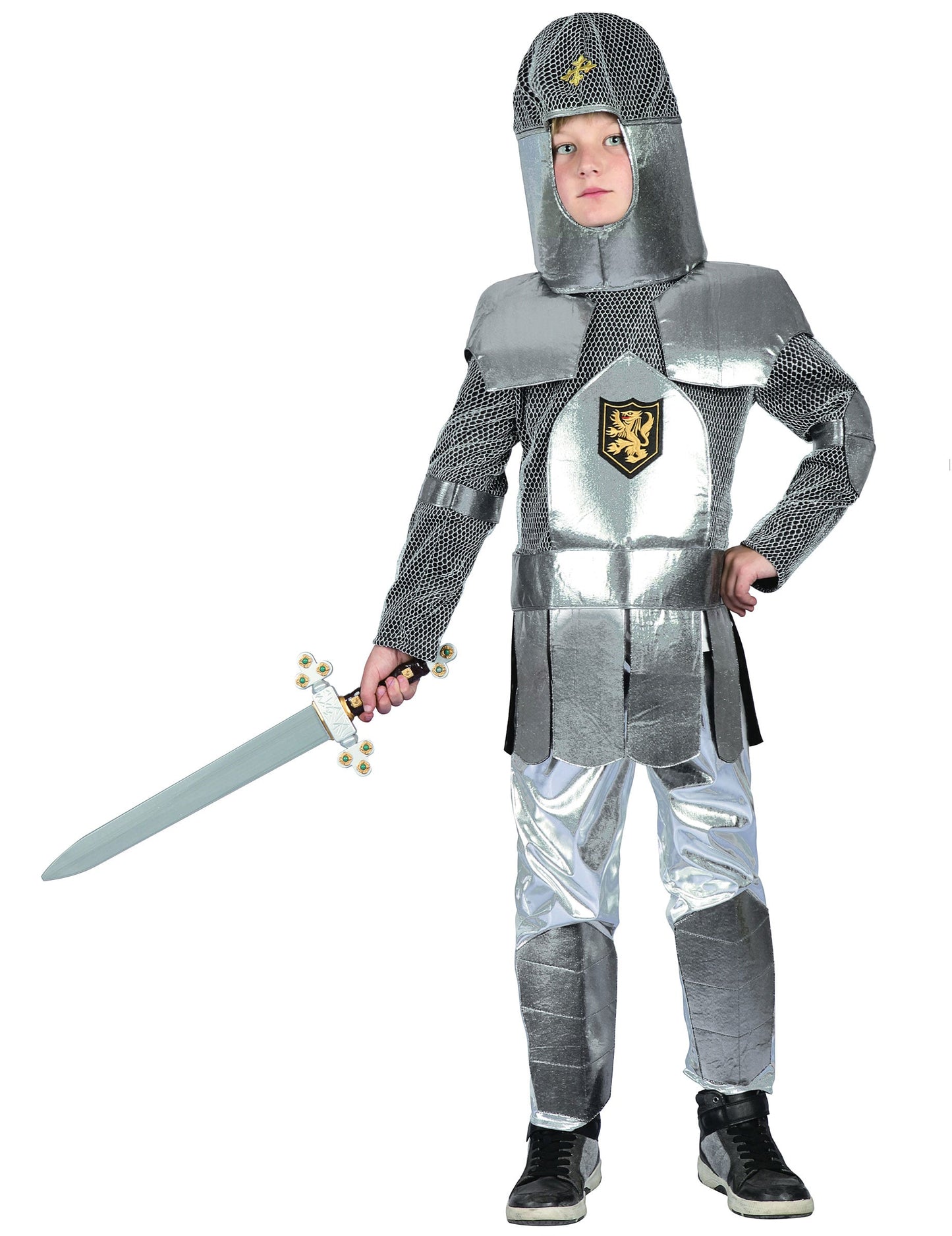 Déguisement chevalier médiéval en armure pour garçon argenté avec épée et heaume