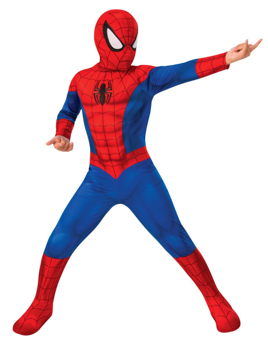 Vue de face du costume de Spiderman du déguisement de couple Spiderman et Iron Man