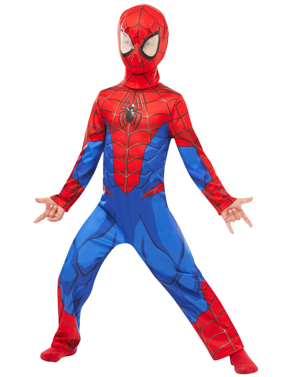 Pohled zepředu na kombinézu a kuklu klasického kostýmu Spiderman pro dítě