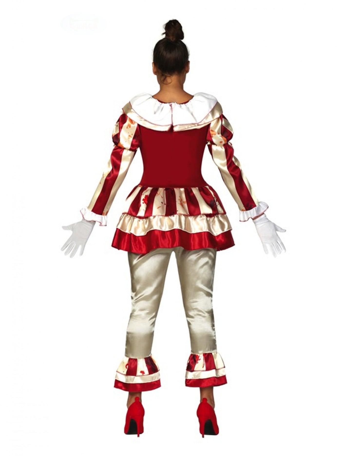 Dámský kostým strašidelného klauna v červené a bílé barvě