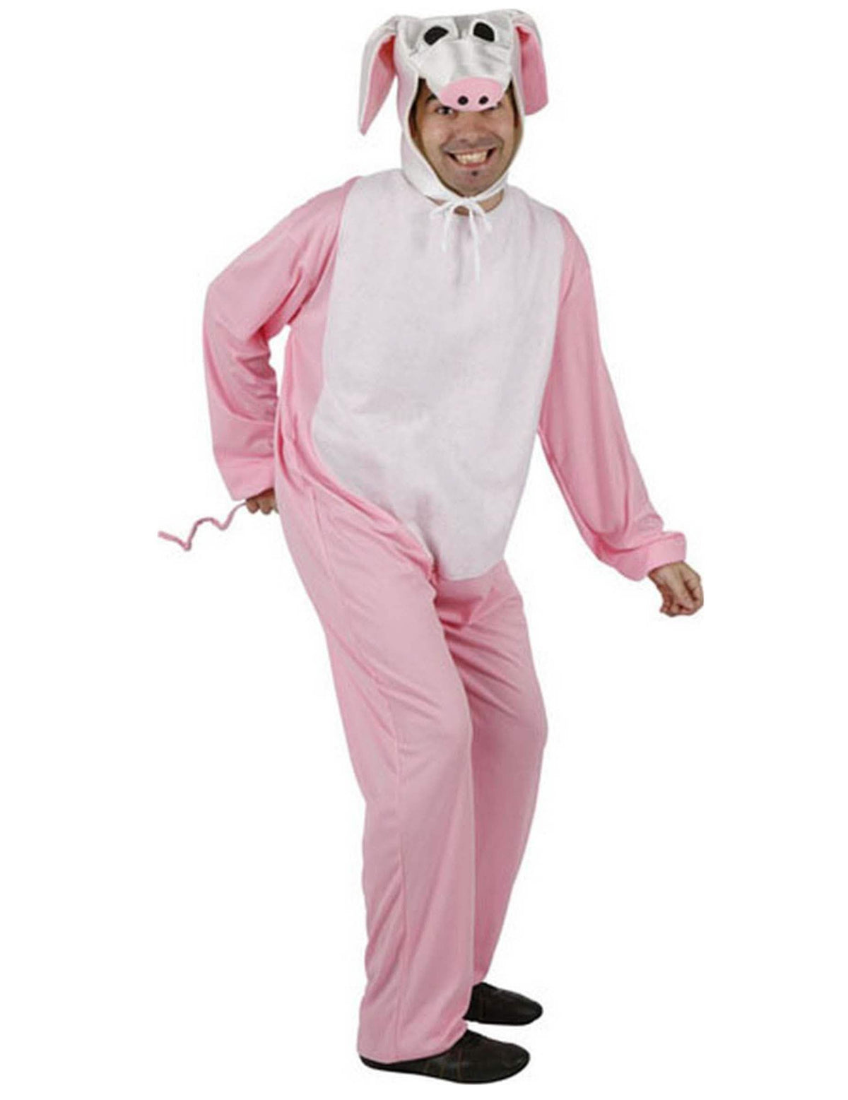 Růžový kostým prasete pro dospělého s kuklou a kudrnatým ocasem