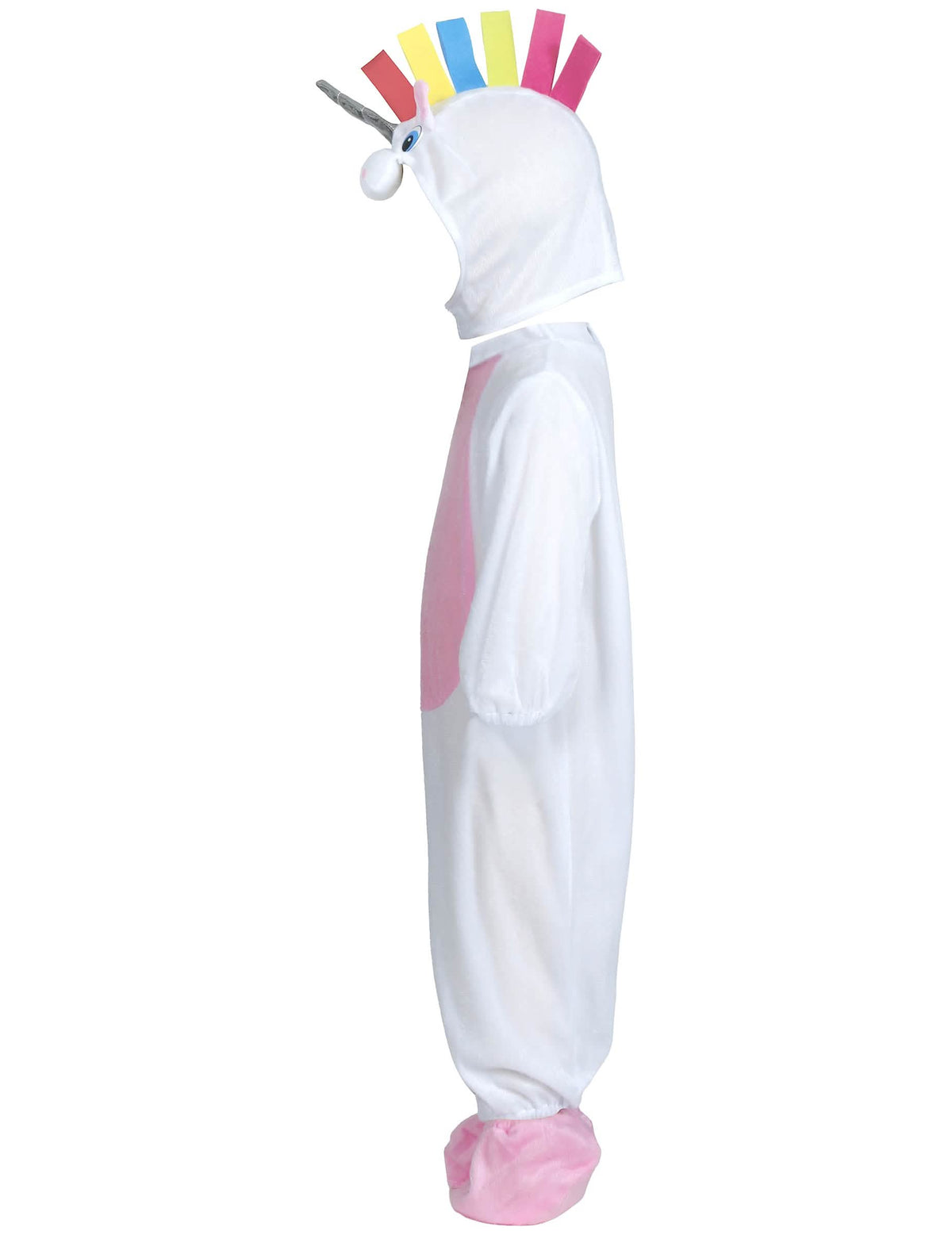 Boční pohled na kombinézu s kapucí jednorožci pro miminko