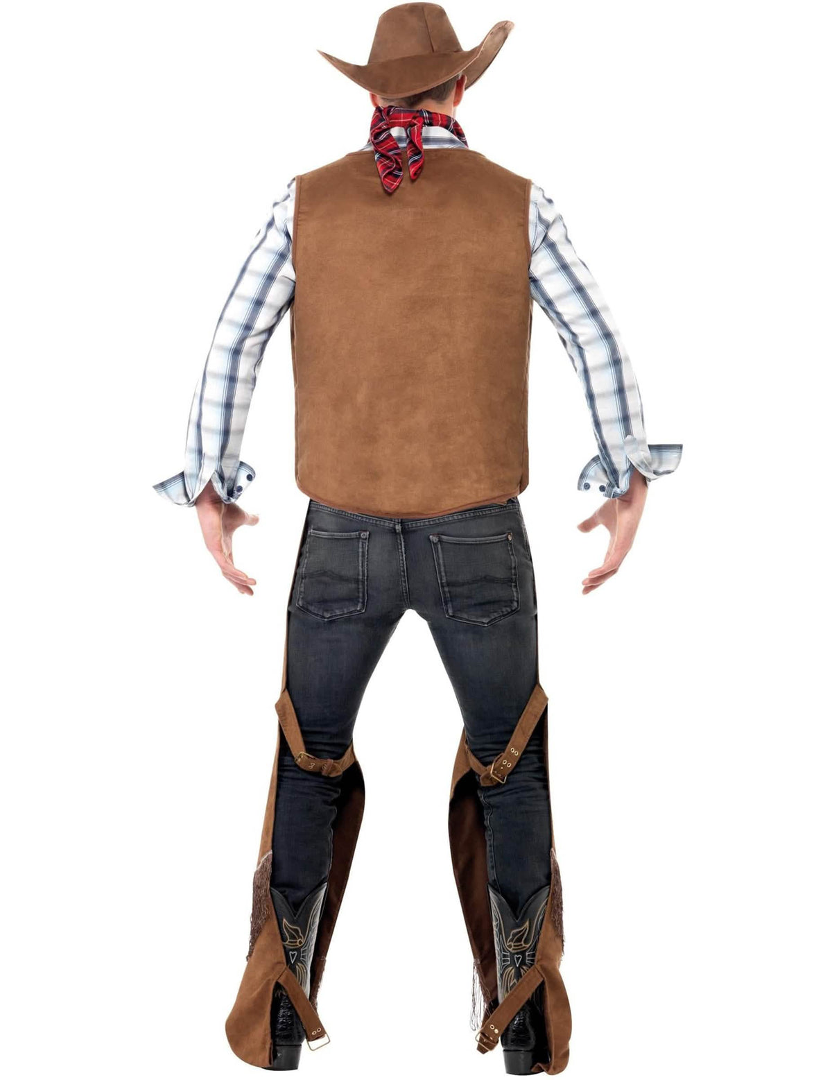Pohled zezadu na pánský kovbojský kostým s třásněmi