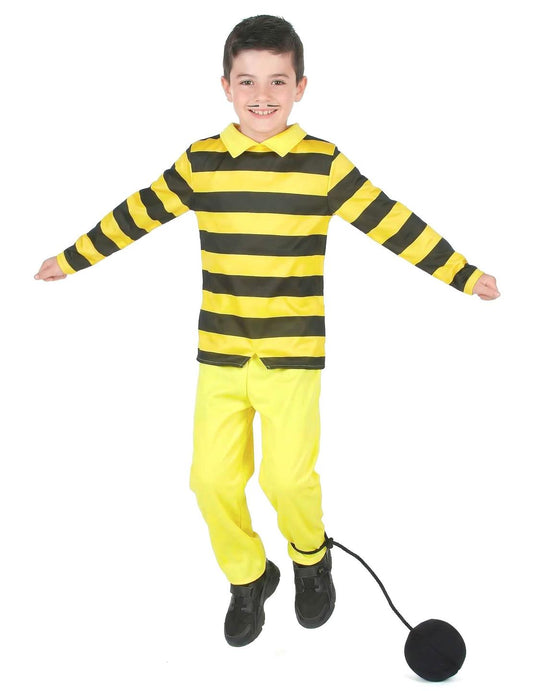Pohled zepředu s koulí na noze kostýmu Dalton Lucky Luke pro dítě
