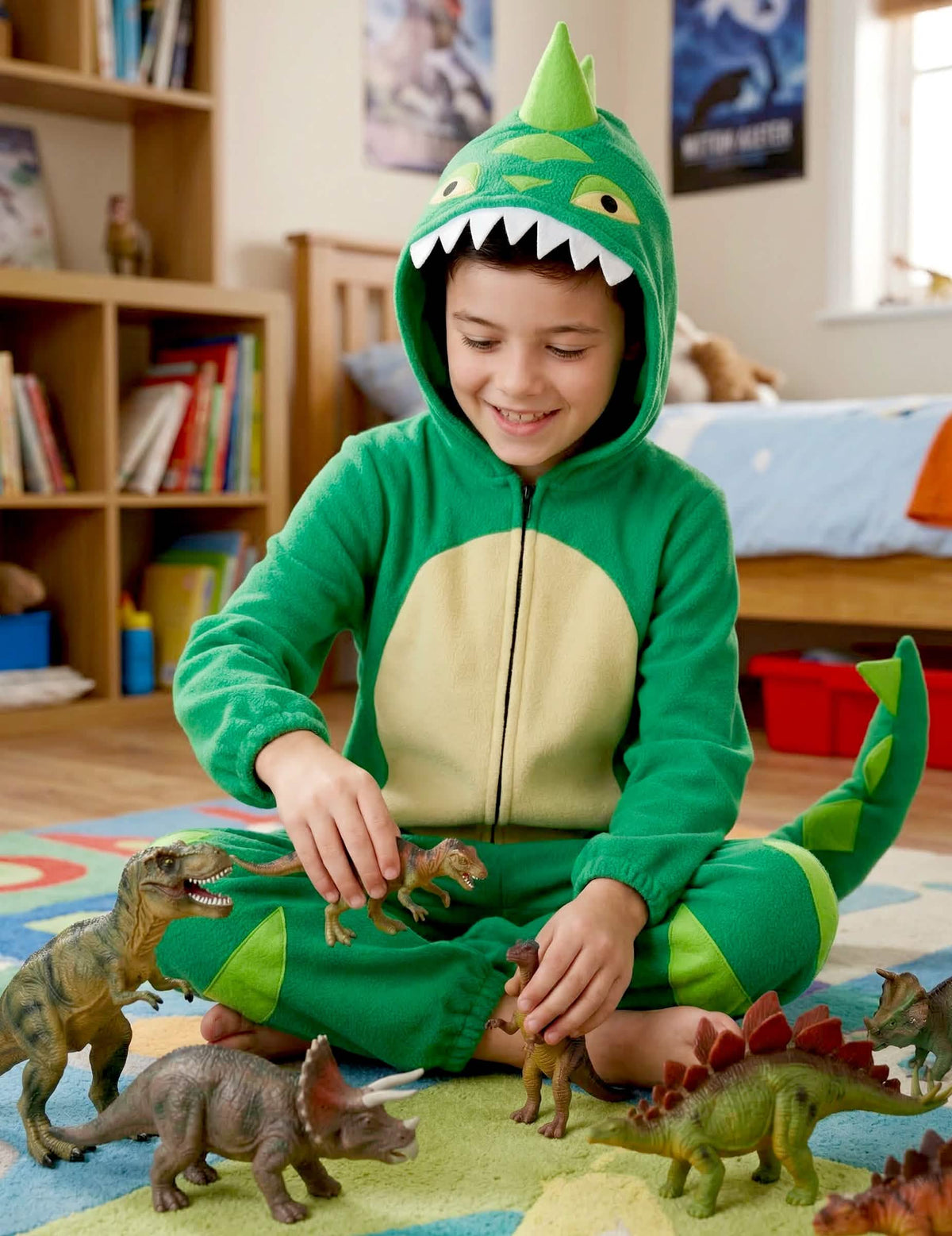 Pohled na sedící dítě hrající si v kostýmu dinosaura