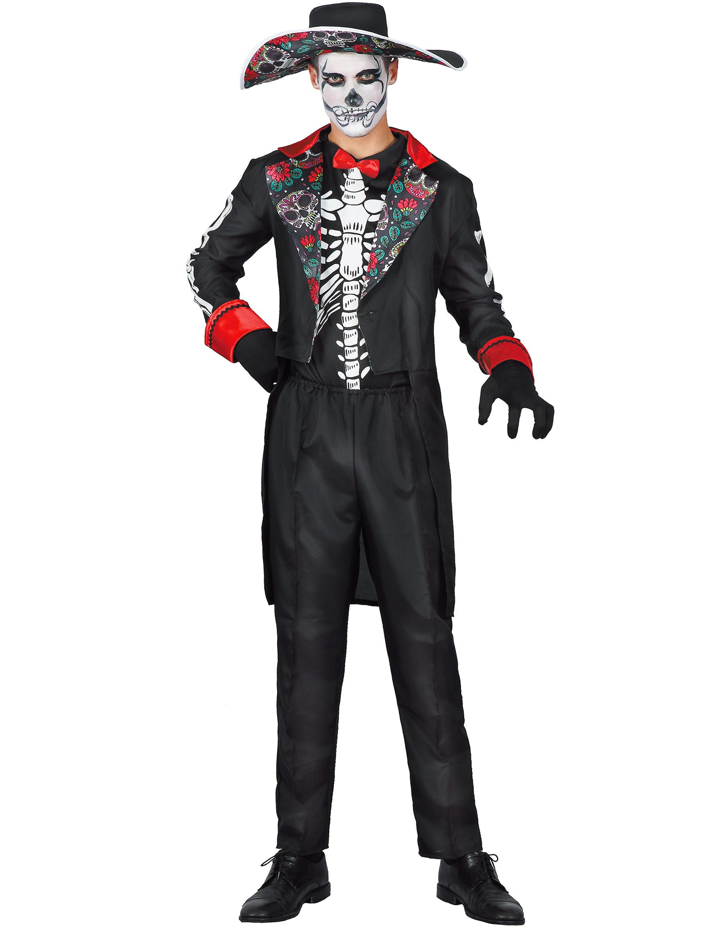 Déguisement dia de los muertos pour homme noir avec motifs de squelette et fleurs colorées