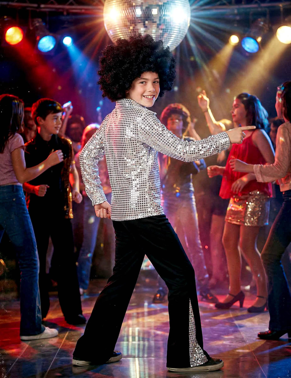 Boční pohled na disco kostým pro chlapec stříbrná s flitry