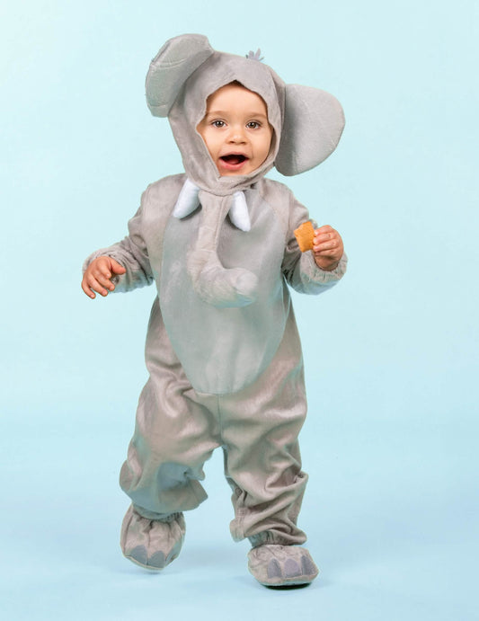 Vue de face du déguisement éléphant peluche pour bébé gris