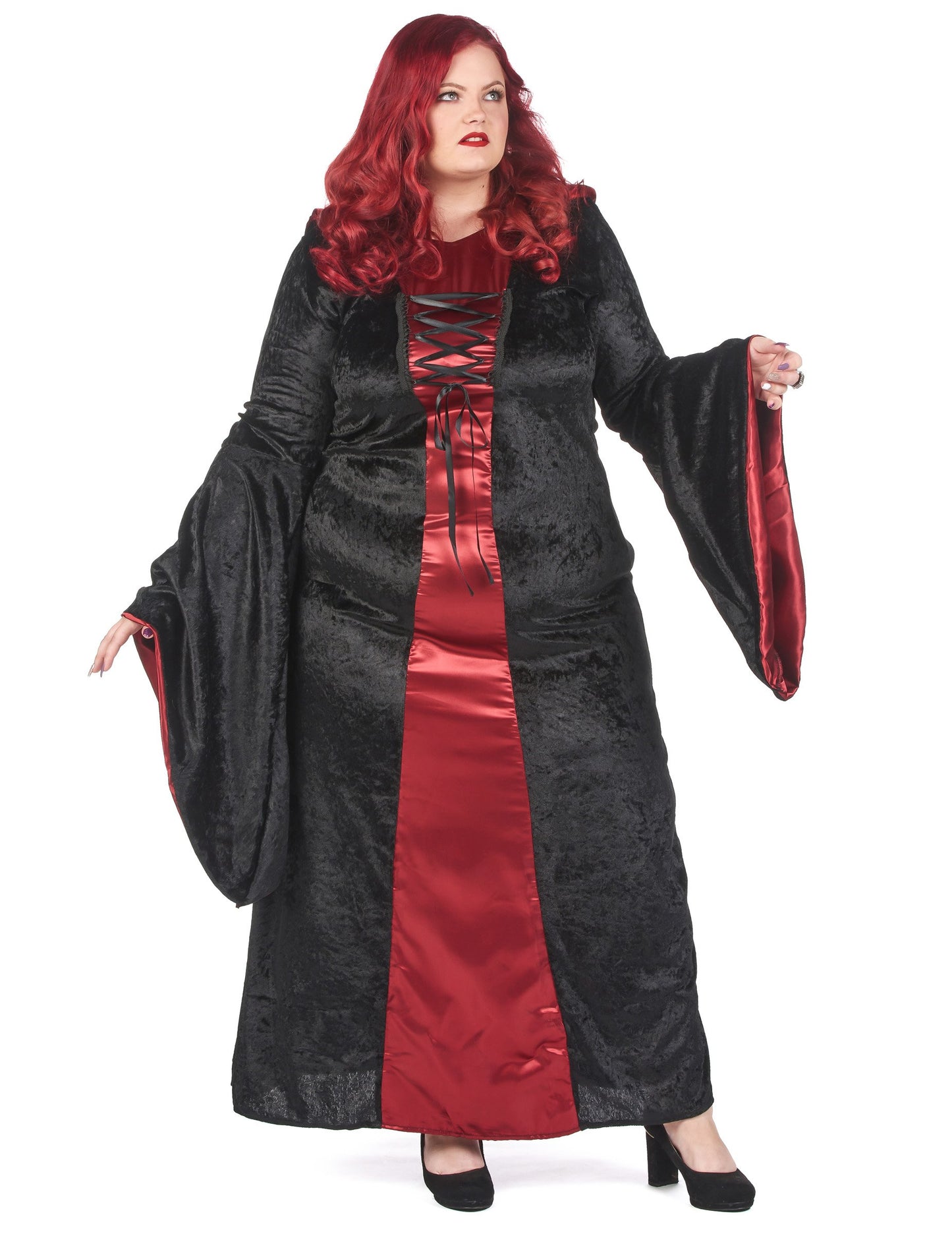 Dámský gotický kostým s kapucí v červené a černé barvě pro větší děti