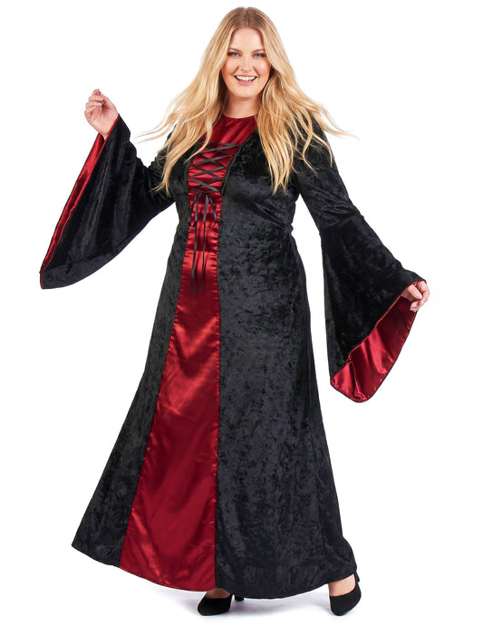Déguisement grande taille gothique à capuche rouge et noir femme