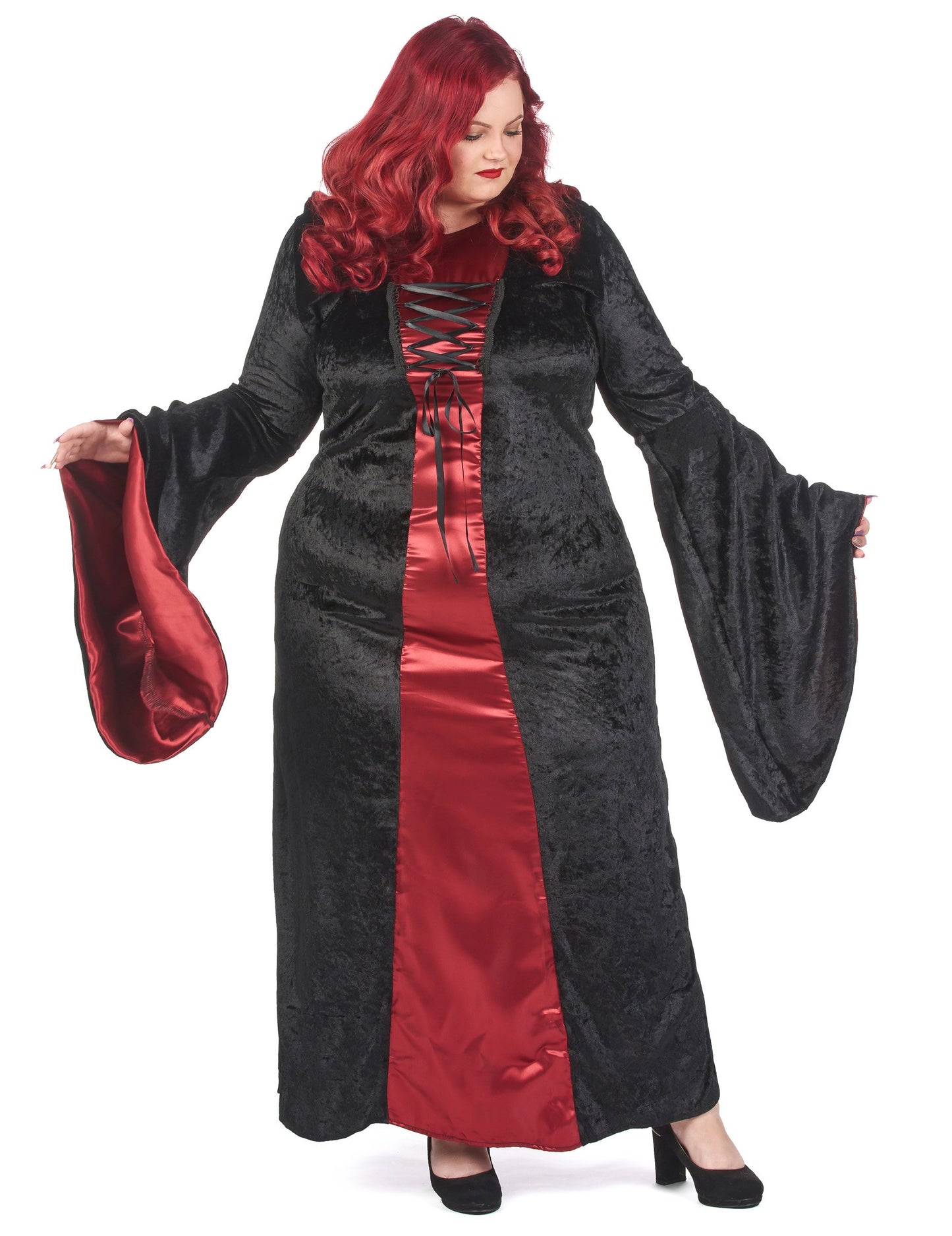 Dámský gotický kostým s kapucí v červené a černé barvě pro větší děti