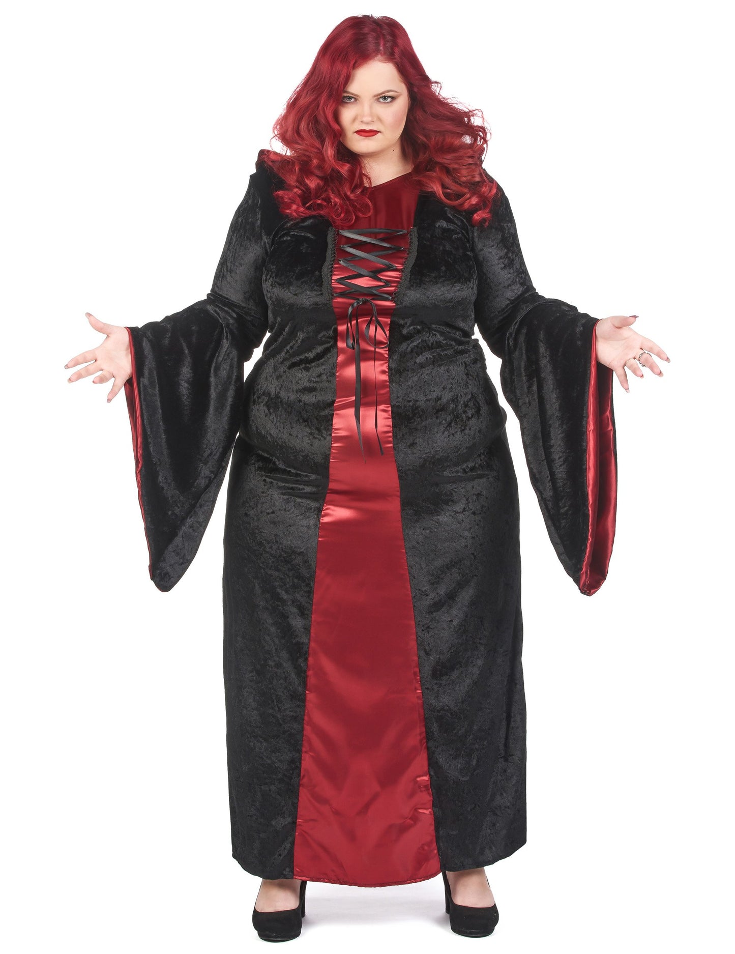 Dámský gotický kostým s kapucí v červené a černé barvě pro větší děti