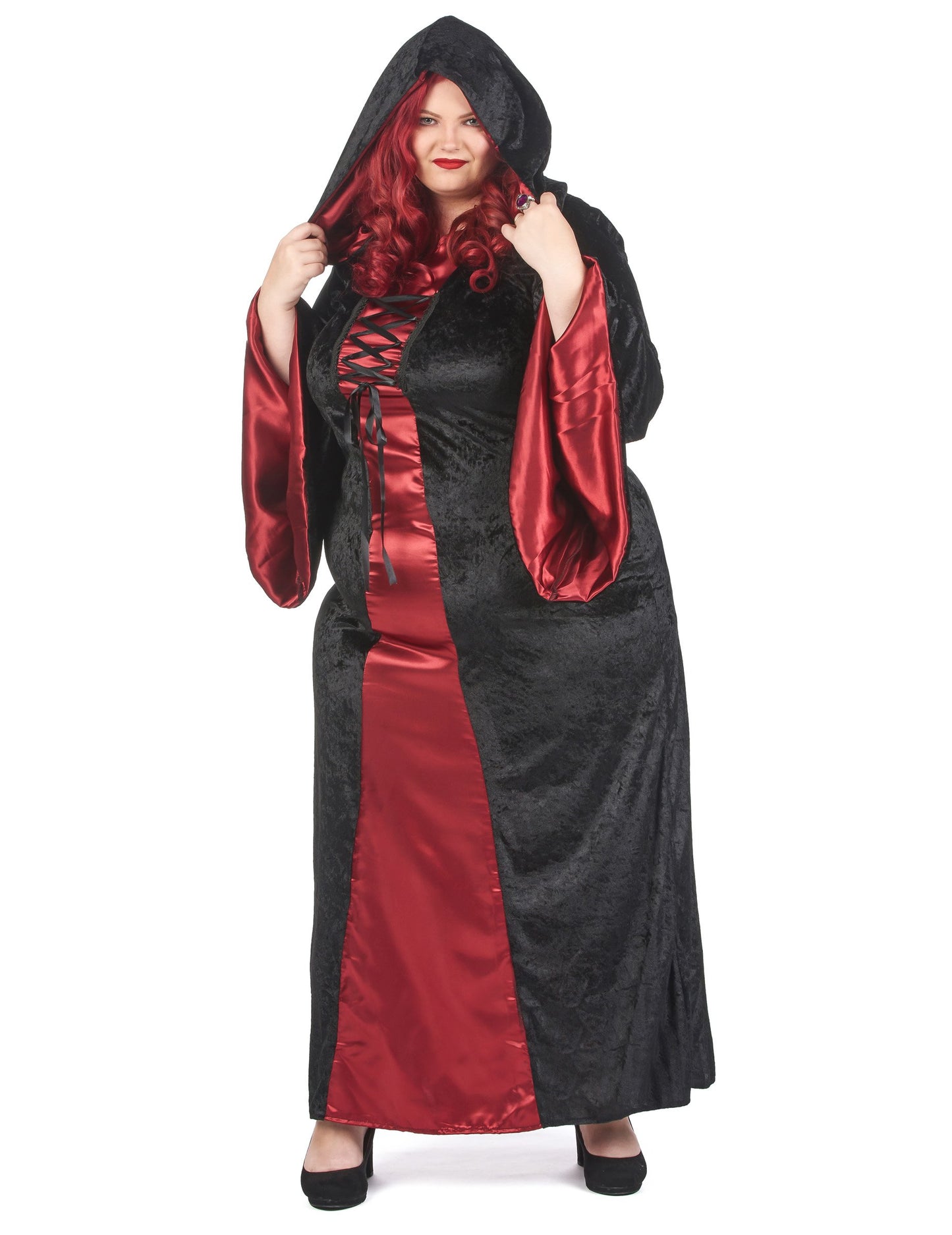 Dámský gotický kostým s kapucí v červené a černé barvě pro větší děti