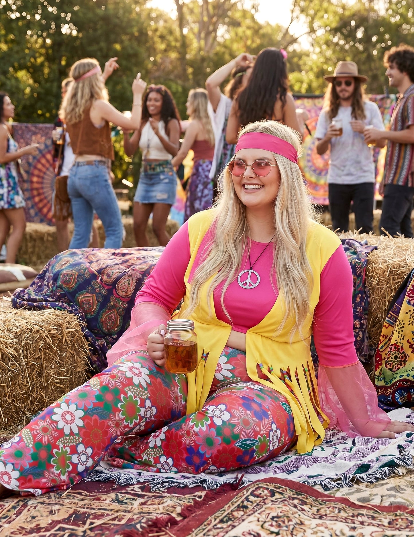 Hippie Kostüm für Damen Plus Size rosa-gelb