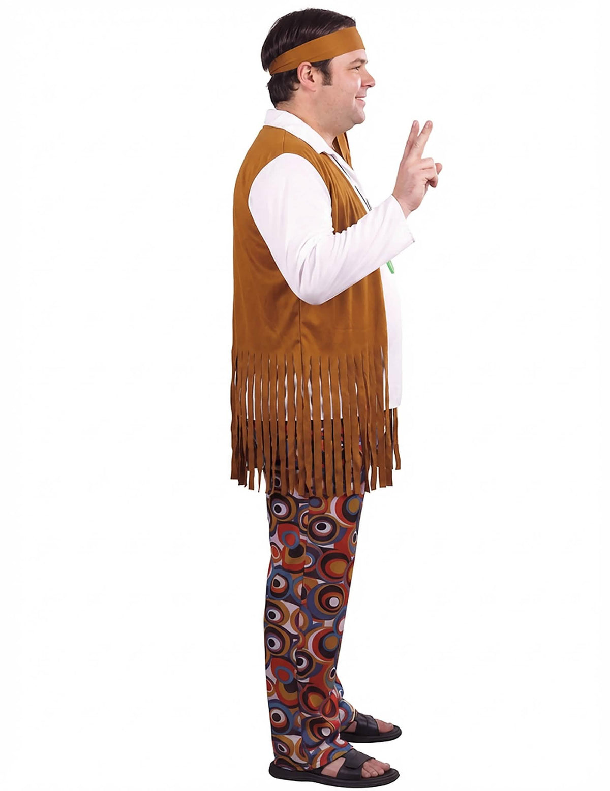 Boční pohled na pánský hippie kostým hnědá a bílá