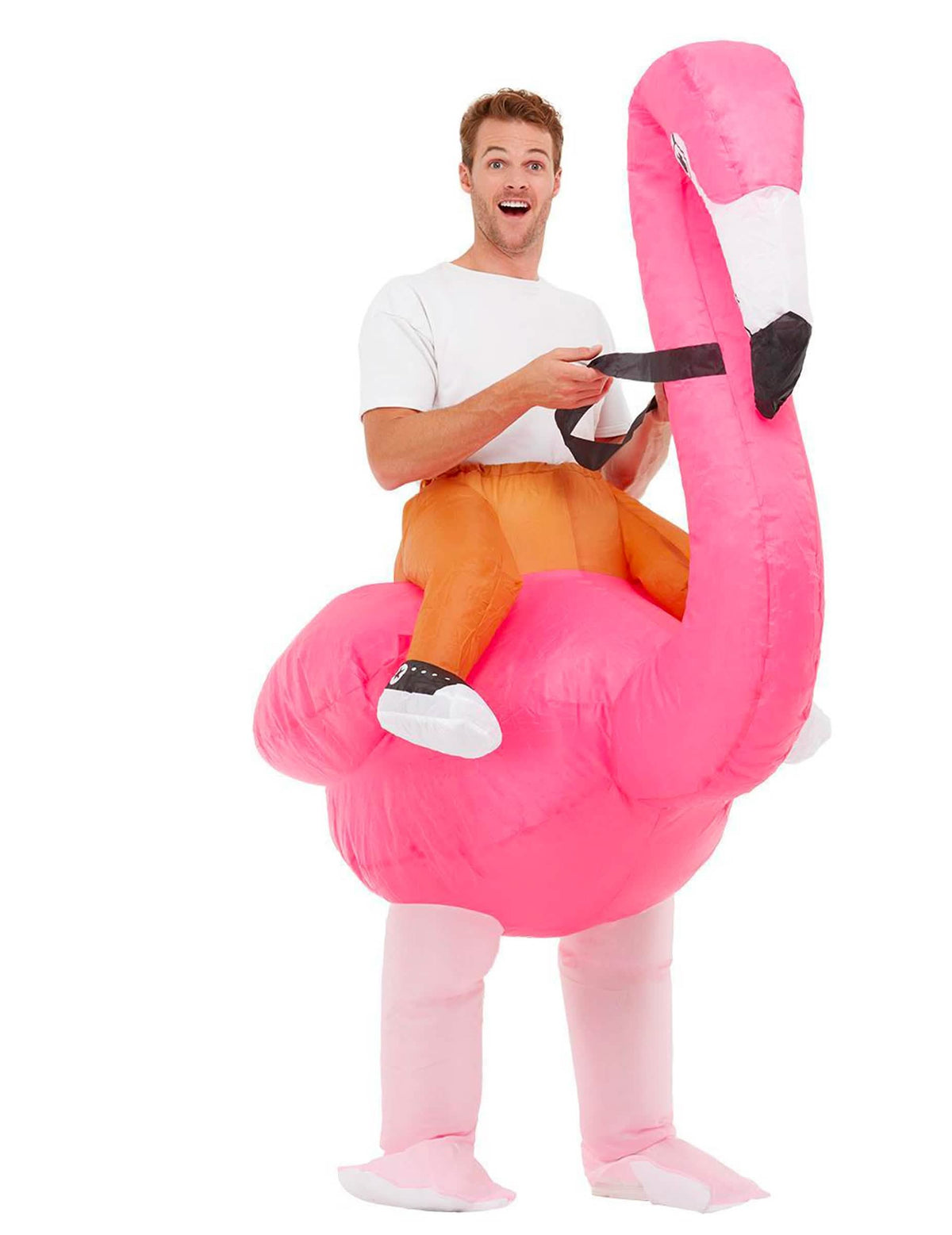 Boční pohled na kostým plameňáka pro dospělého
