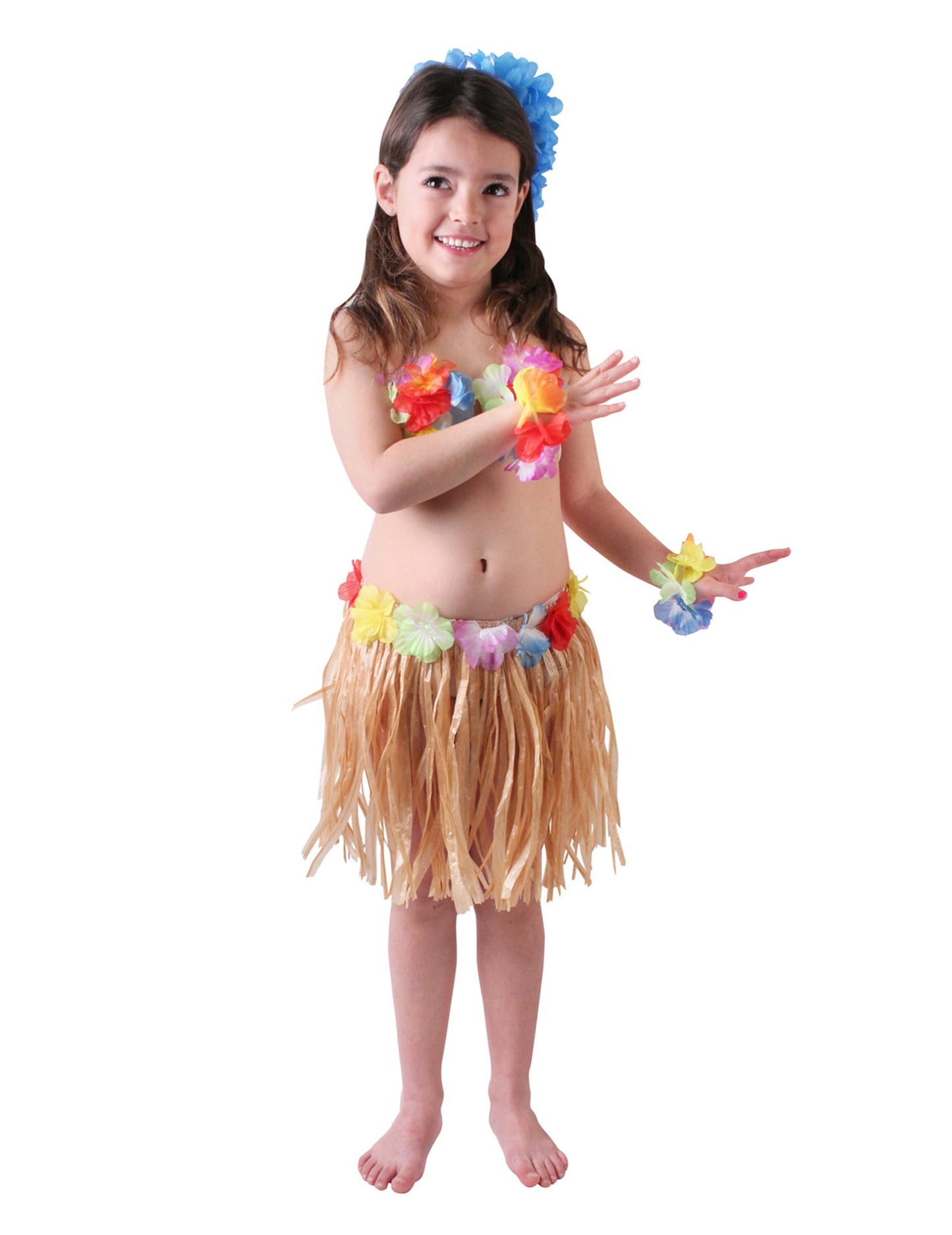 Déguisement hawaïenne naturelle pour fille avec jupe beige et fleurs multicolores