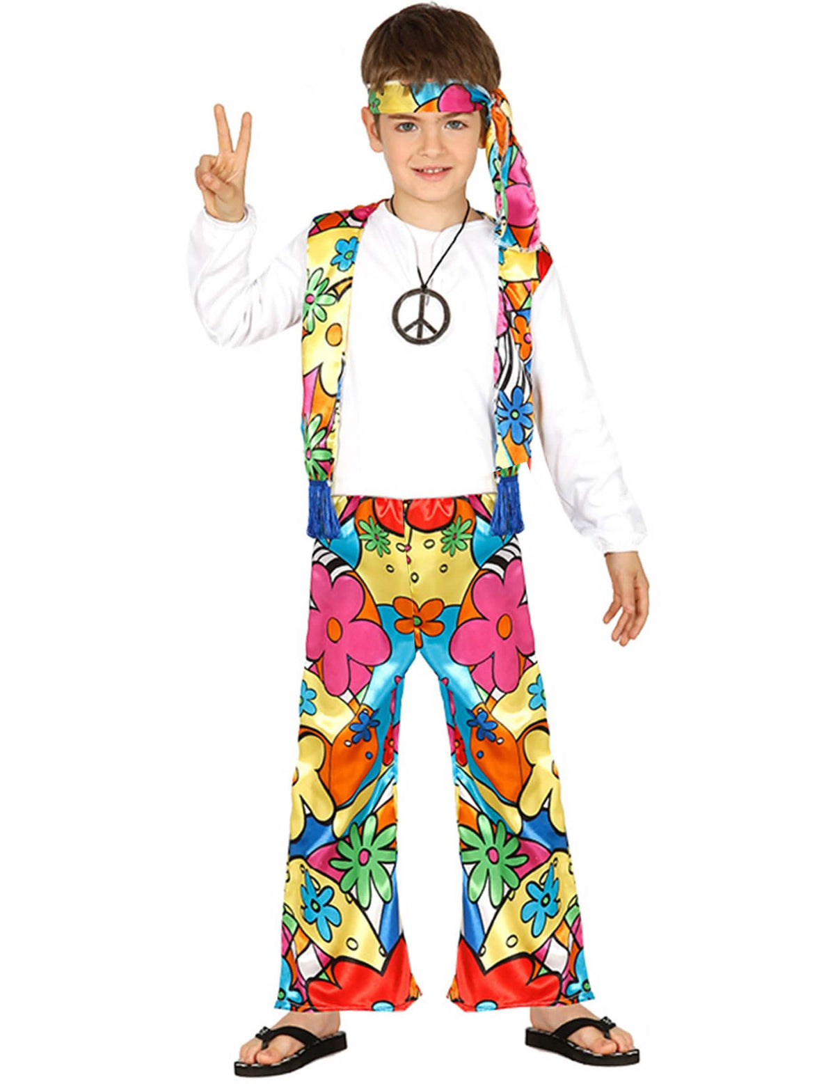 Dětský hippie kostým s velkými květy vícebarevné s vestou a čelenkou