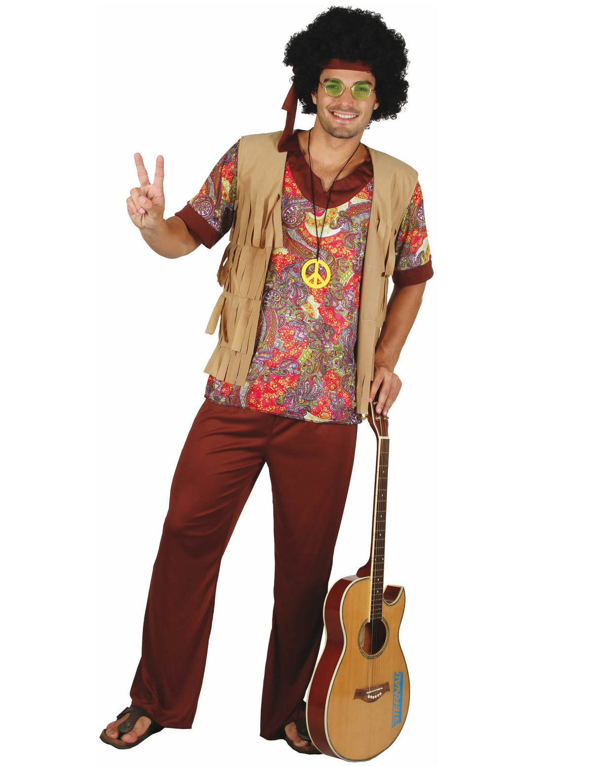 Hippie kostým pro muž s červeným vzorem s vestou s třásněmi