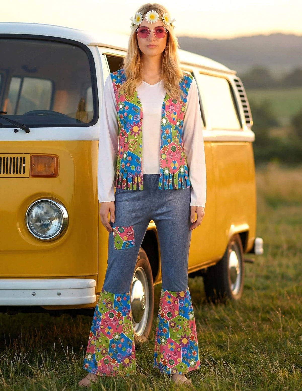Stylizovaná scéna kostýmu hippie peace and love pro ženu před žlutou dodávkou