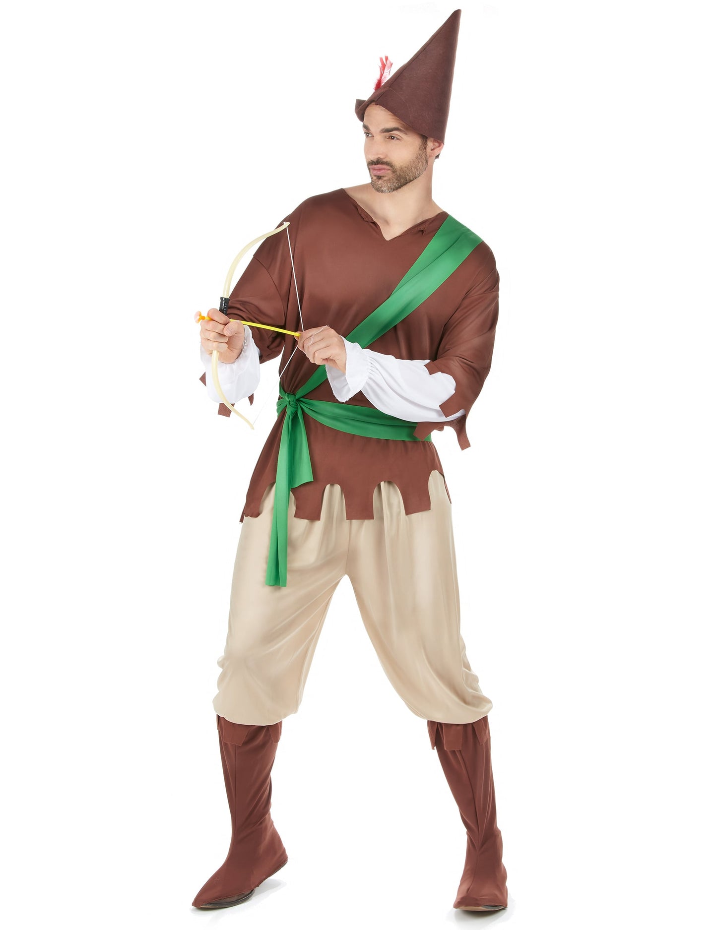 Déguisement homme des bois pour homme marron et vert avec chapeau et arc