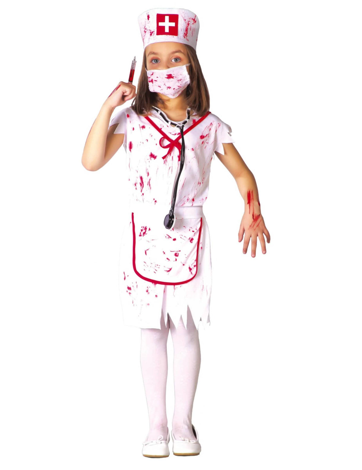 Kostým zombie sestřičky pro bílou dívku, potřísněný krví, s maskou a čepcem