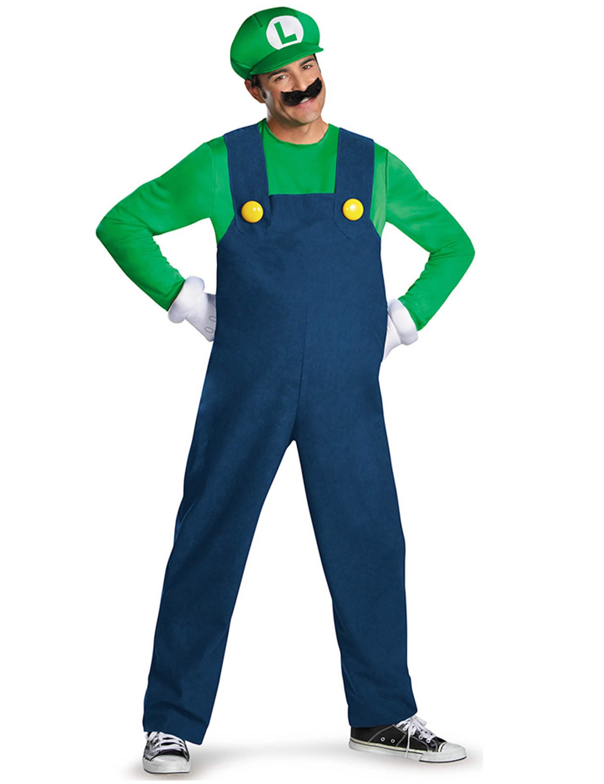 Kostým Luigi Deluxe pro dospělého zelená a modrá s čepicí a knírem