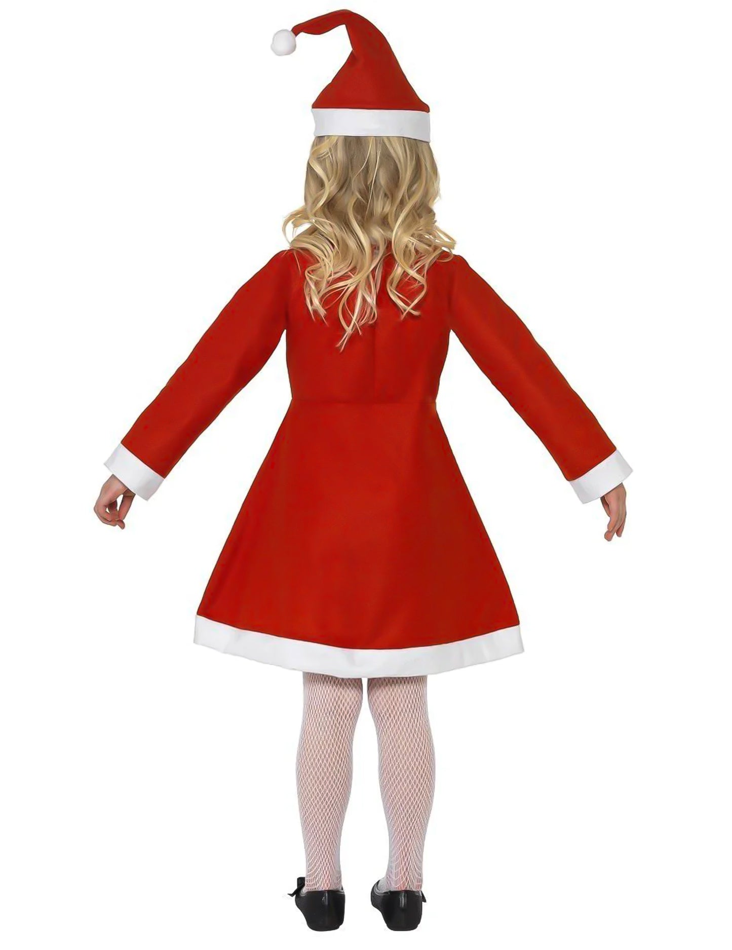 Pohled zezadu na kostým Mikuláše šaty s bambulemi pro dívku