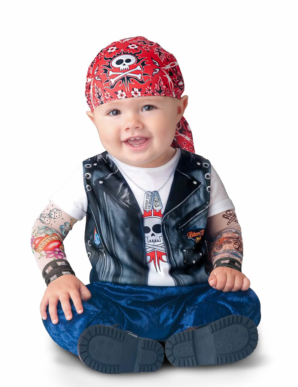 Klasický kostým mini motorkáře pro miminko s červená bandanou a tetovanými rukávy