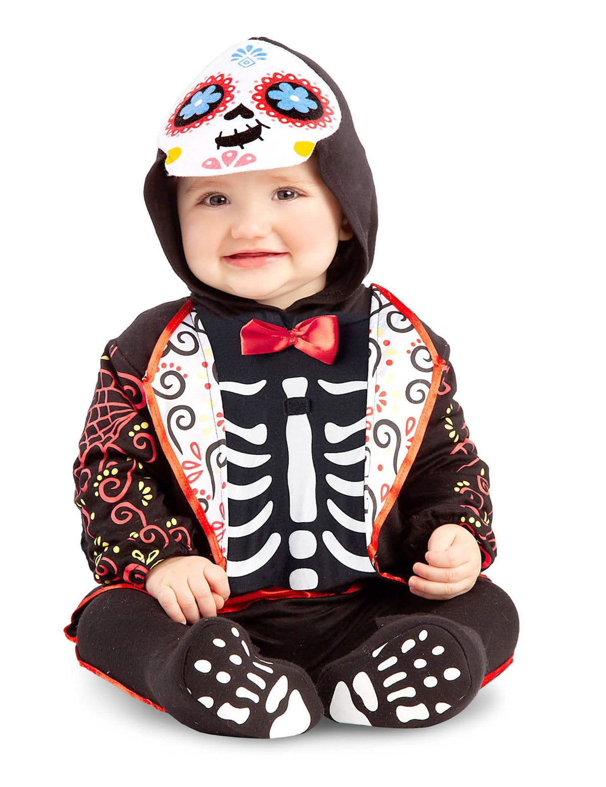 Kostým mini kostlivec Dia de los muertos pro miminko černá s barevnými motivy a červená motýli