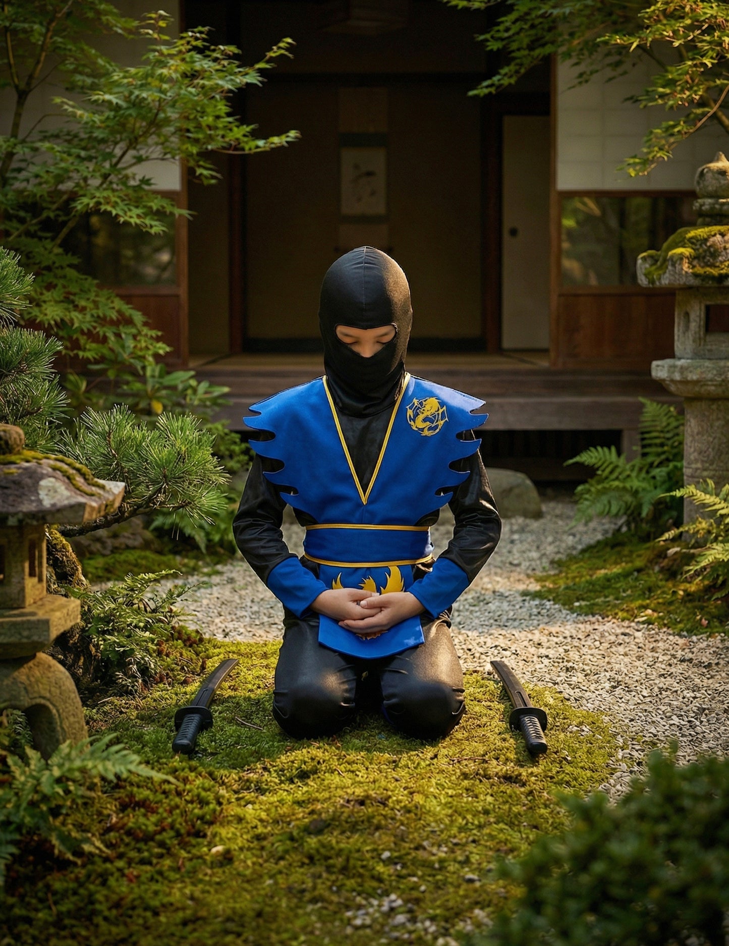 Ninjakostüm für Kinder schwarz-blau-gelb