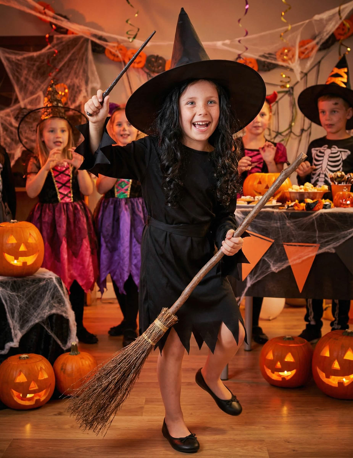 Slavnostní scéna v dekoraci halloween kostýmu čarodějnice halloween pro dívku