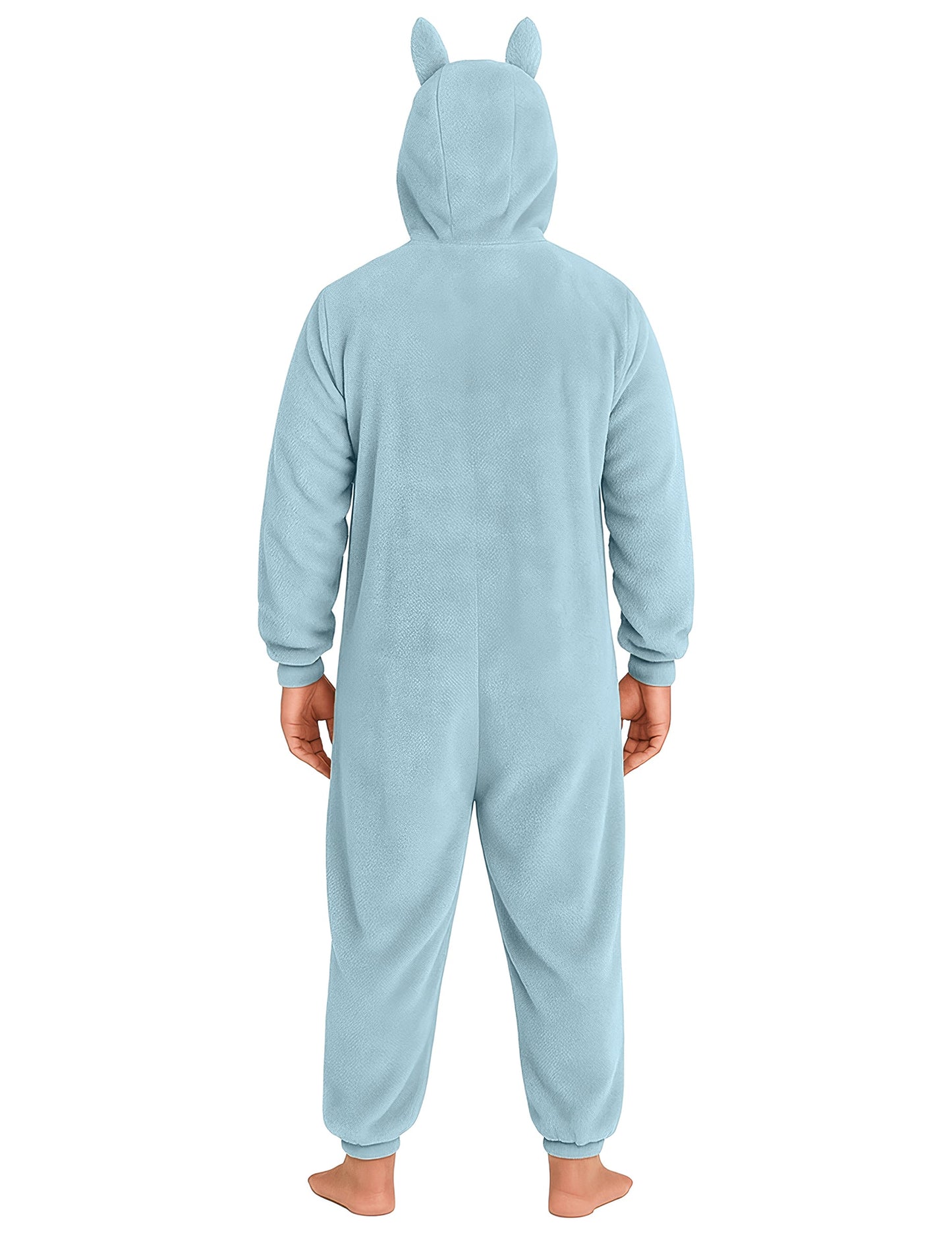 Vue de dos du déguisement peluche monstre pour homme bleu