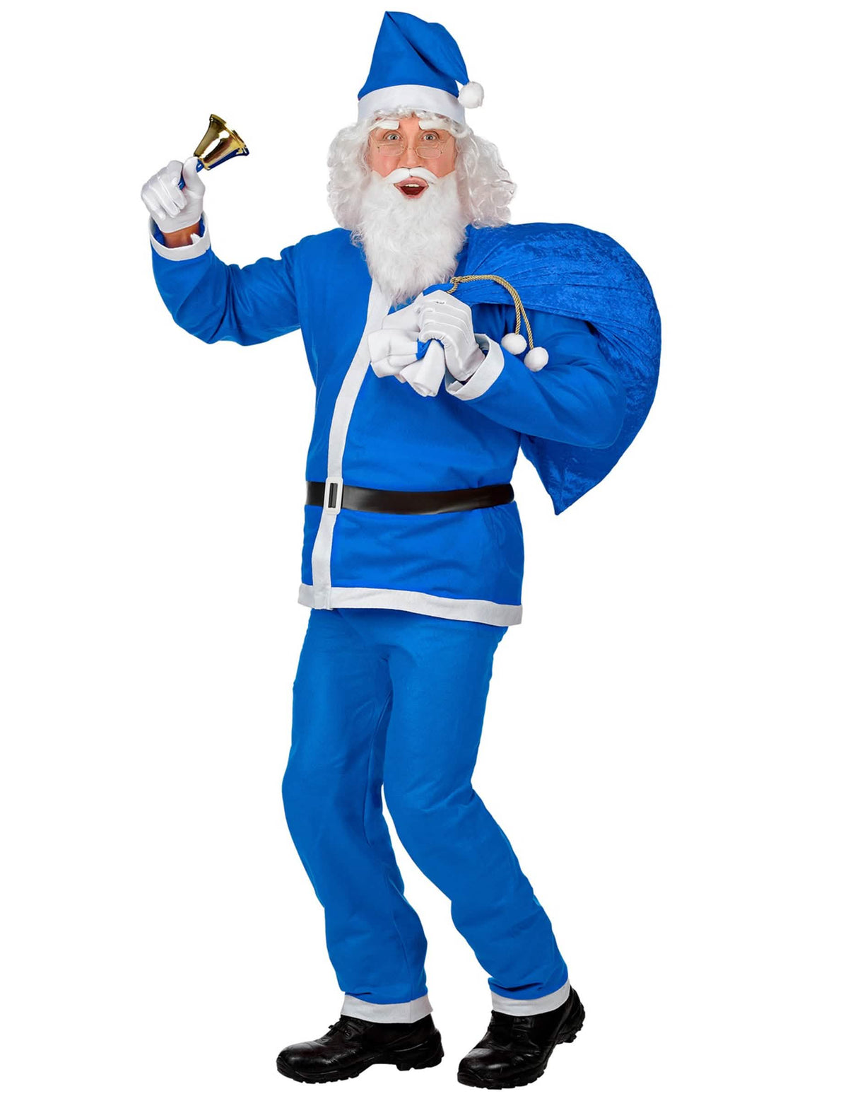 Pohled zepředu na modrý kostým santa claus pro muž