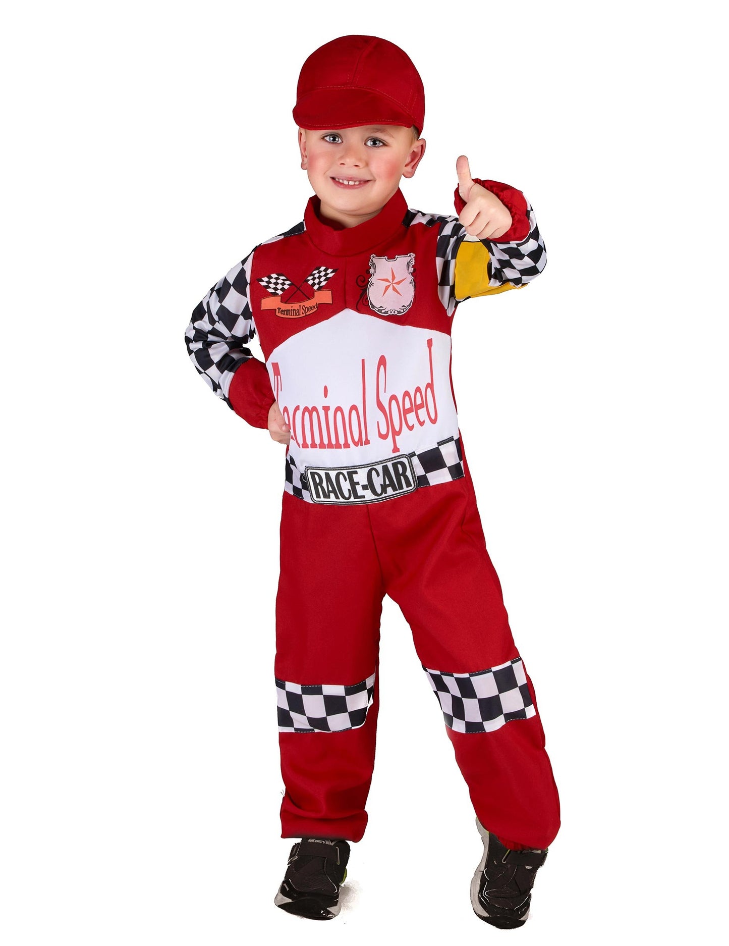 Pohled zepředu na dětský kostým závodního pilota