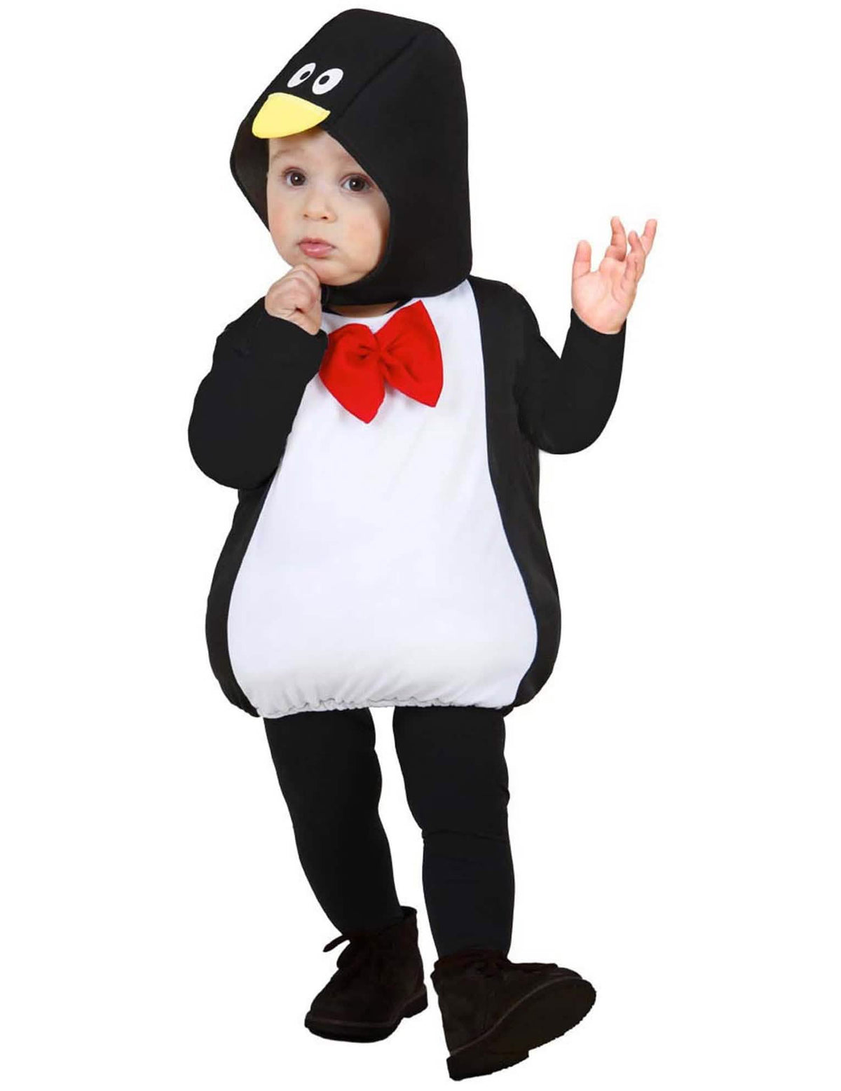 Pohled zepředu na nadýchaný kostým tučňáci pro miminko