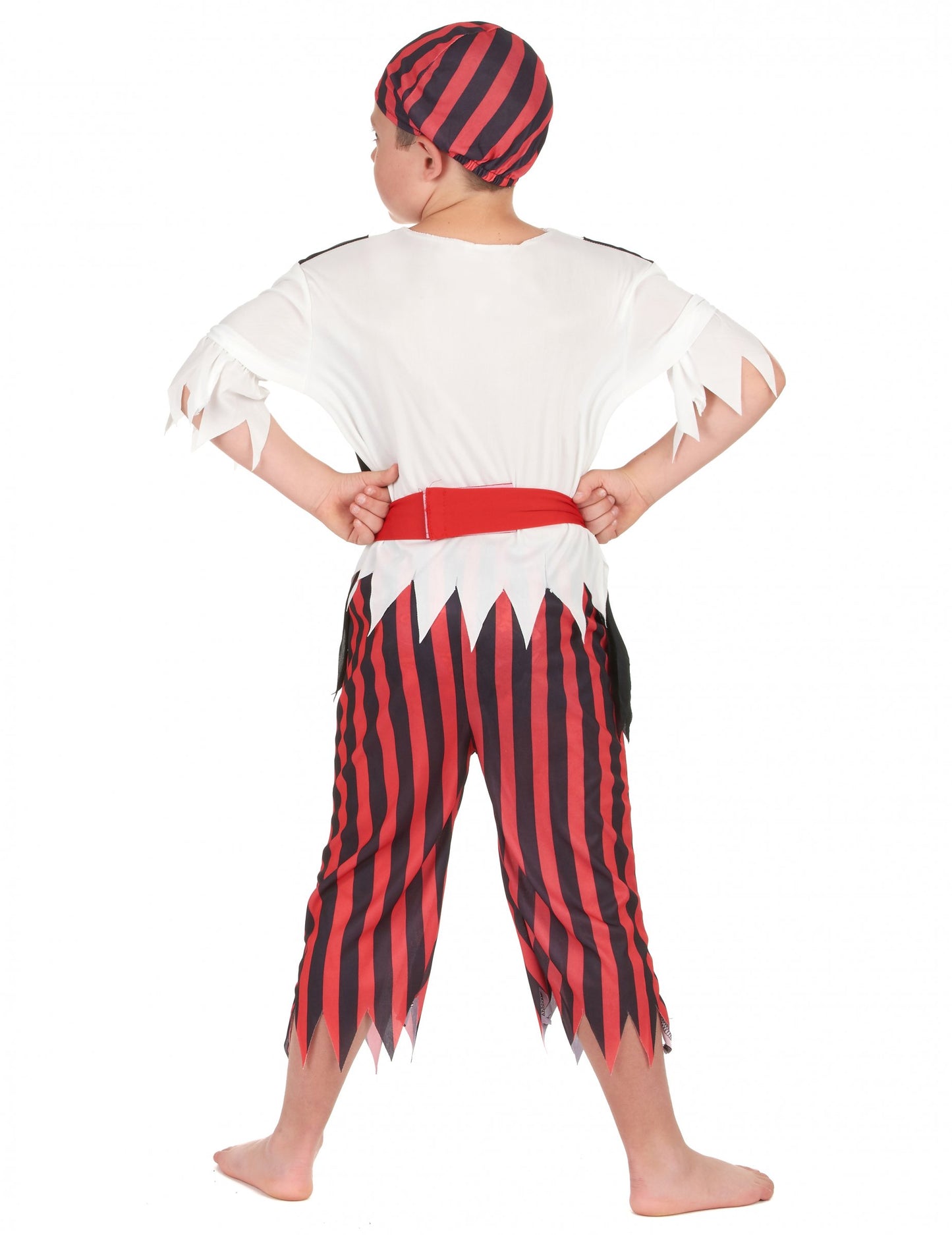 Pohled zezadu na pirát kostým pro chlapce s černými a červenými pruhy