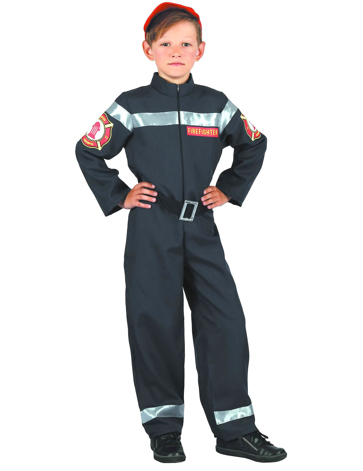 Kostým hasiče pro chlapec černá s reflexními pruhy a červená čepice