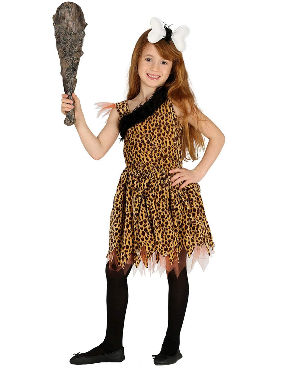 Prehistorický kostým pro dívku s leopardím potiskem, kyjem a kostí