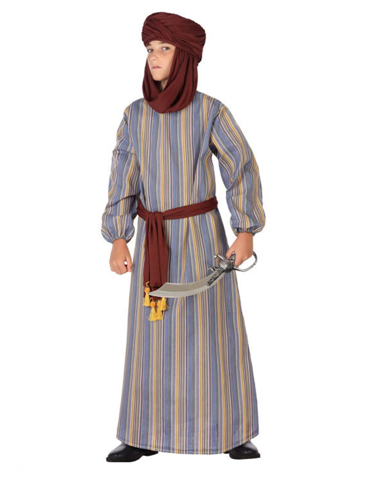 Kostým prince z Arábie pro chlapce s modrými pruhy a bordovým turbanem