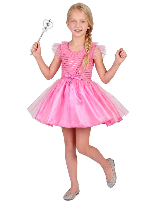 Vue de face du déguisement de princesse à paillettes pour fille