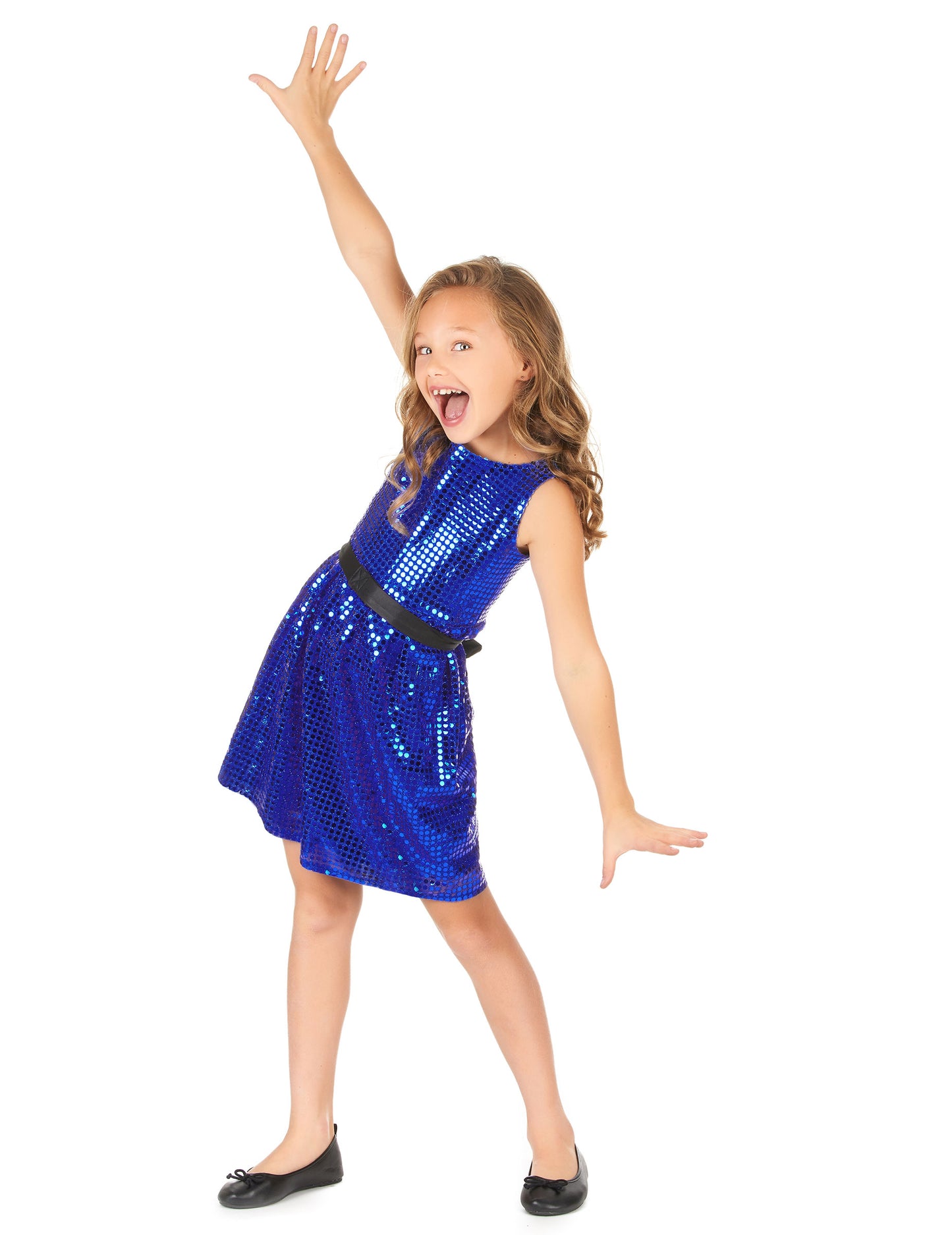 Dívčí modré flitrované disko šaty s velkou mašlí