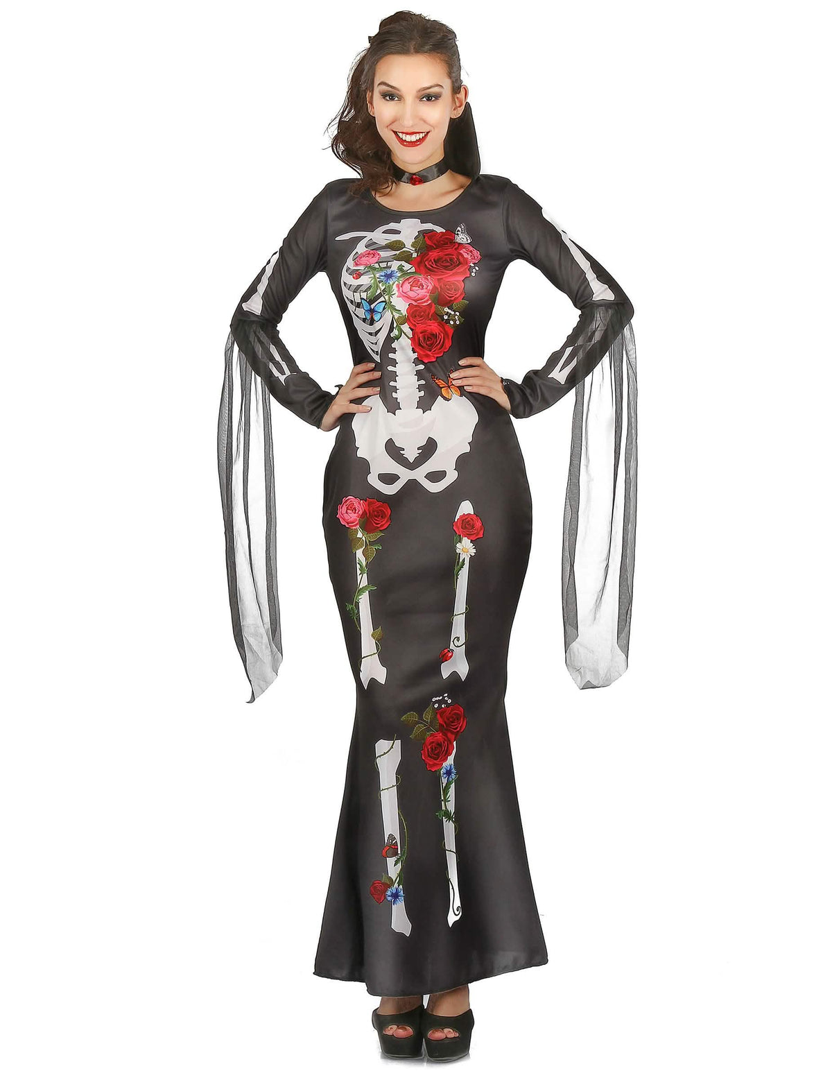 Kostým šaty kostry Dia De los Muertos pro ženu černý s červenými květy