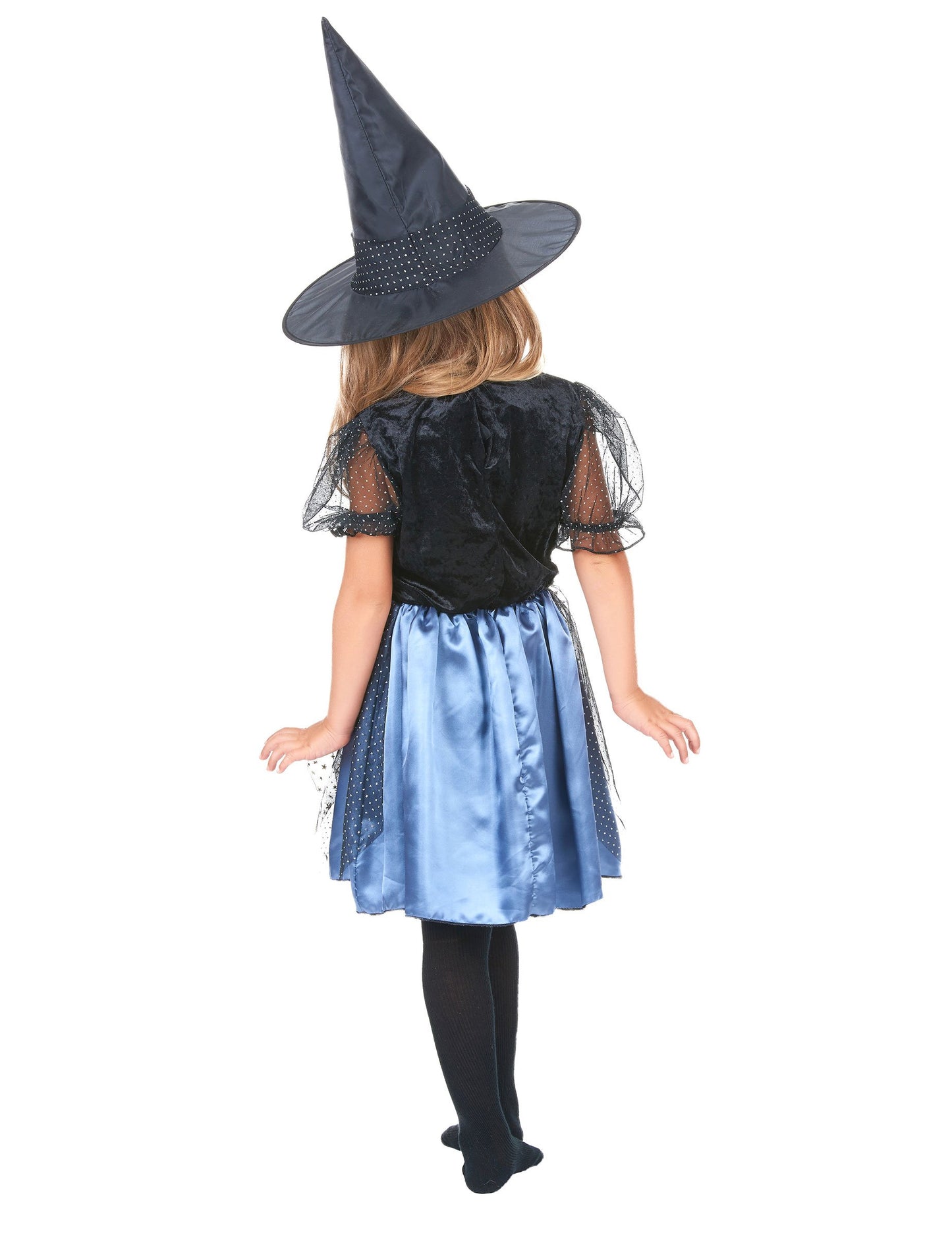 Pohled zezadu na kostým čarodějnice s pavoukem pro dívky